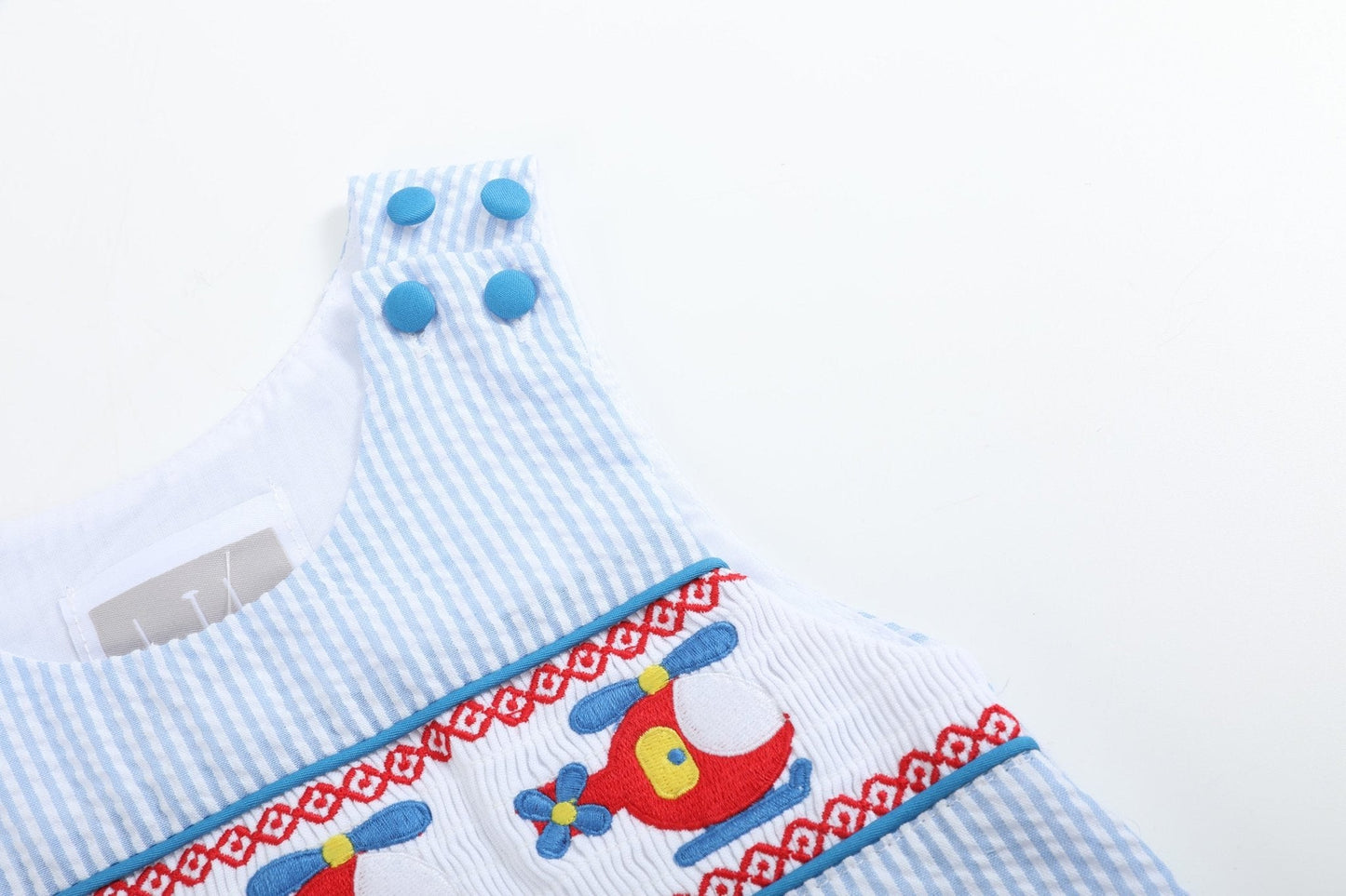 Blue Seersucker Helicopter Smocked Shortalls