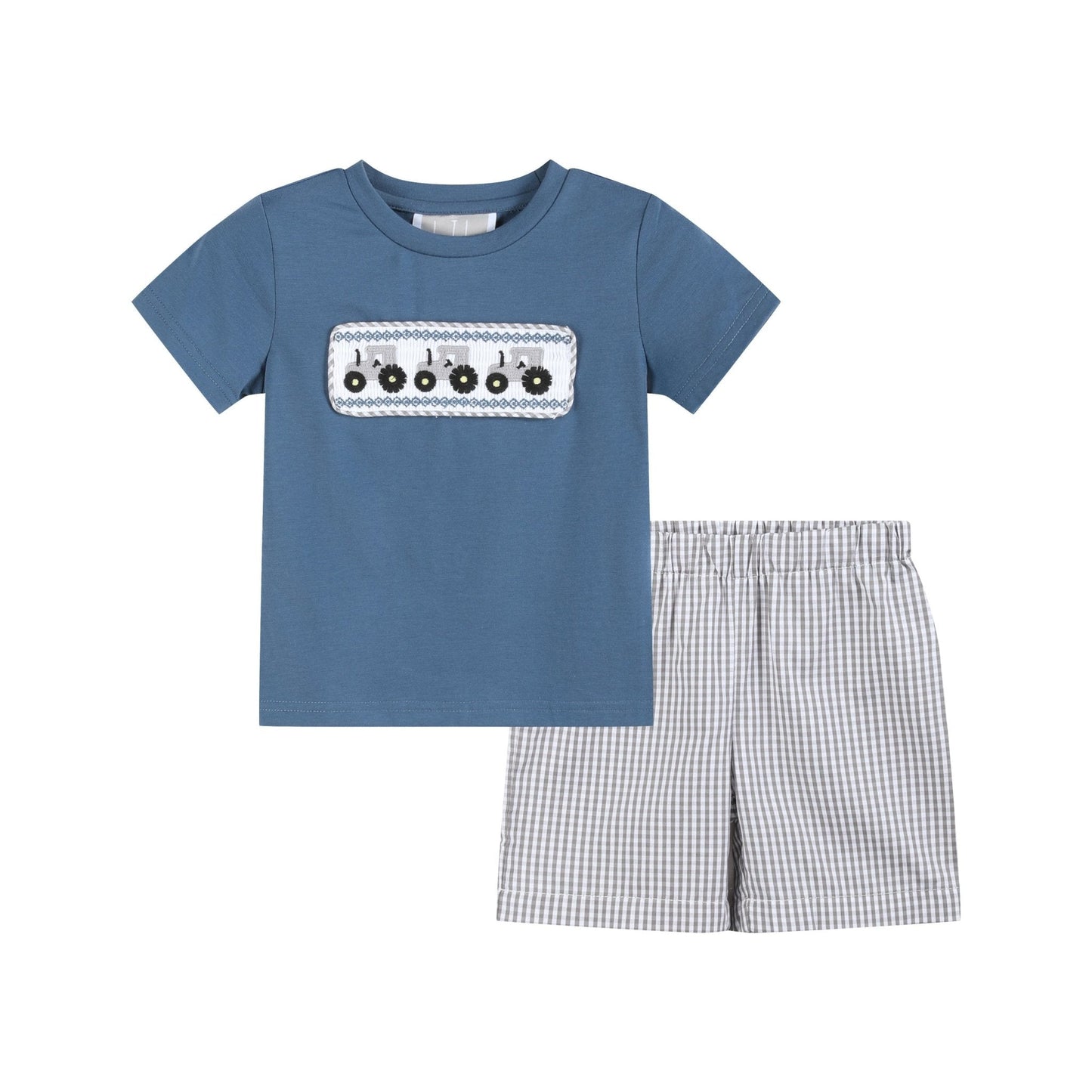 Blue Tractor Smocked Shirt and Gray Shorts Set