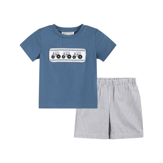 Blue Tractor Smocked Shirt and Gray Shorts Set