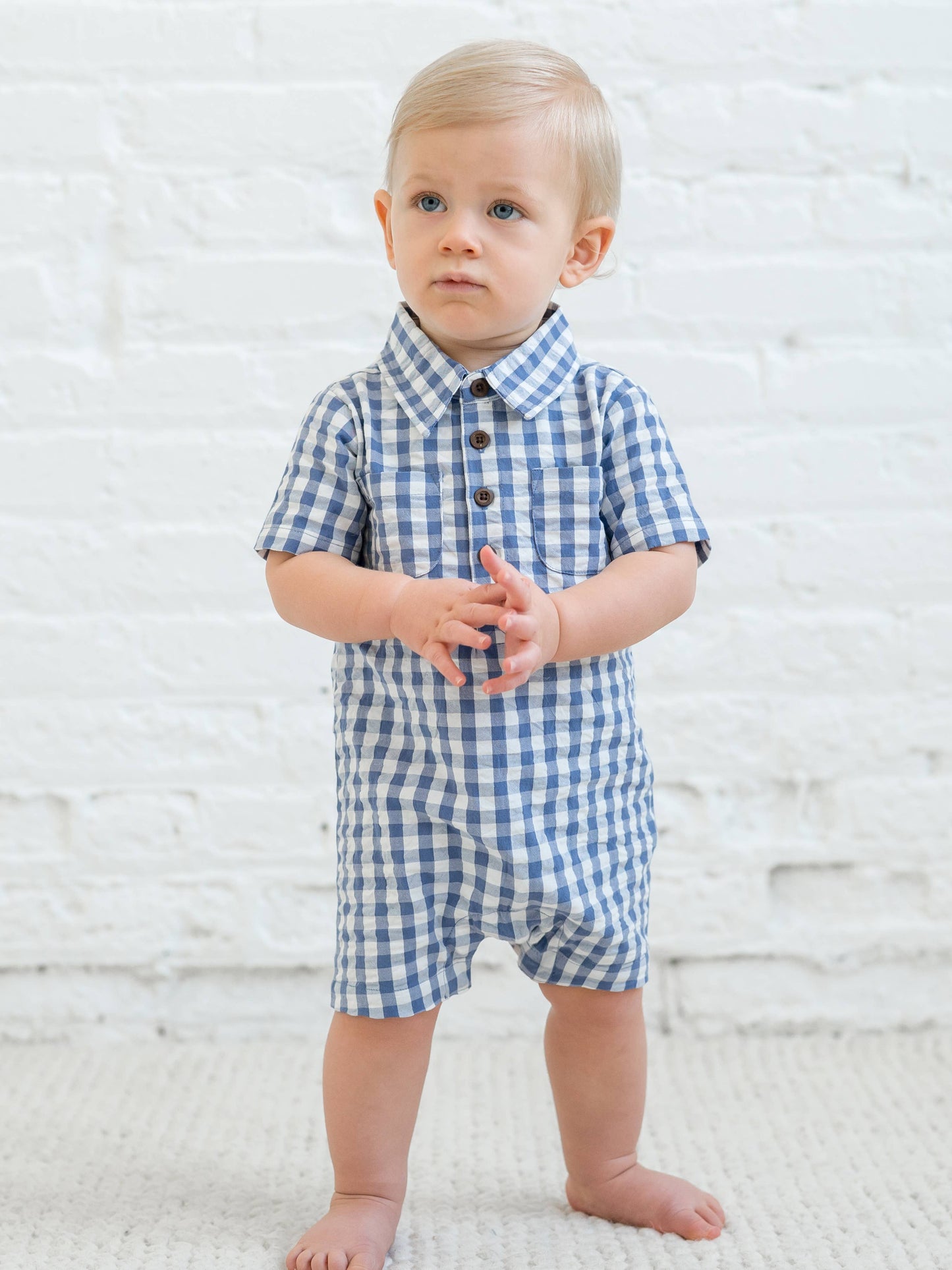Organic Mato Seersucker Collared Romper - Marino Gingham