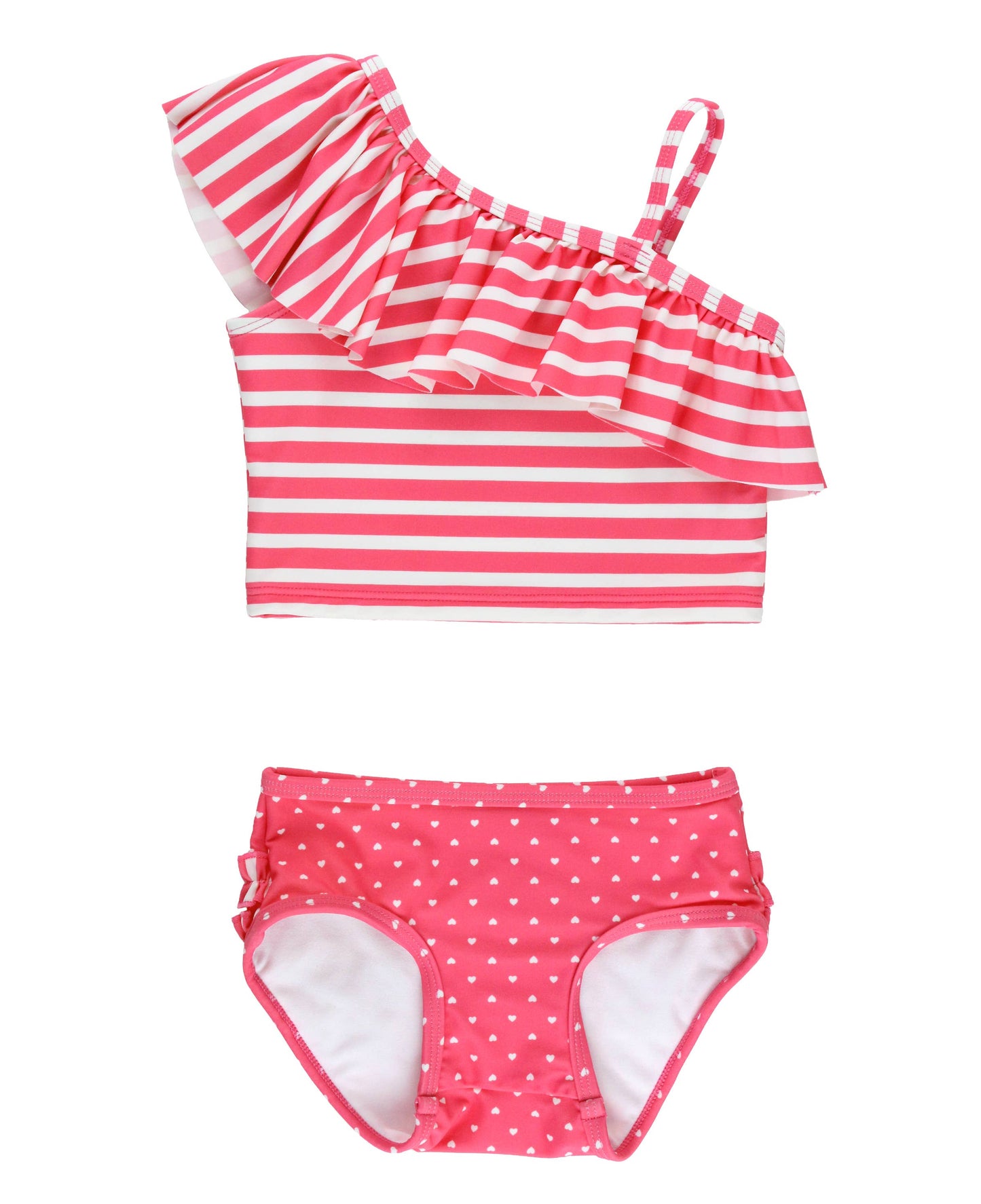 Girls Hot Pink Heart Polka Dot One Shoulder Ruffle Tankini