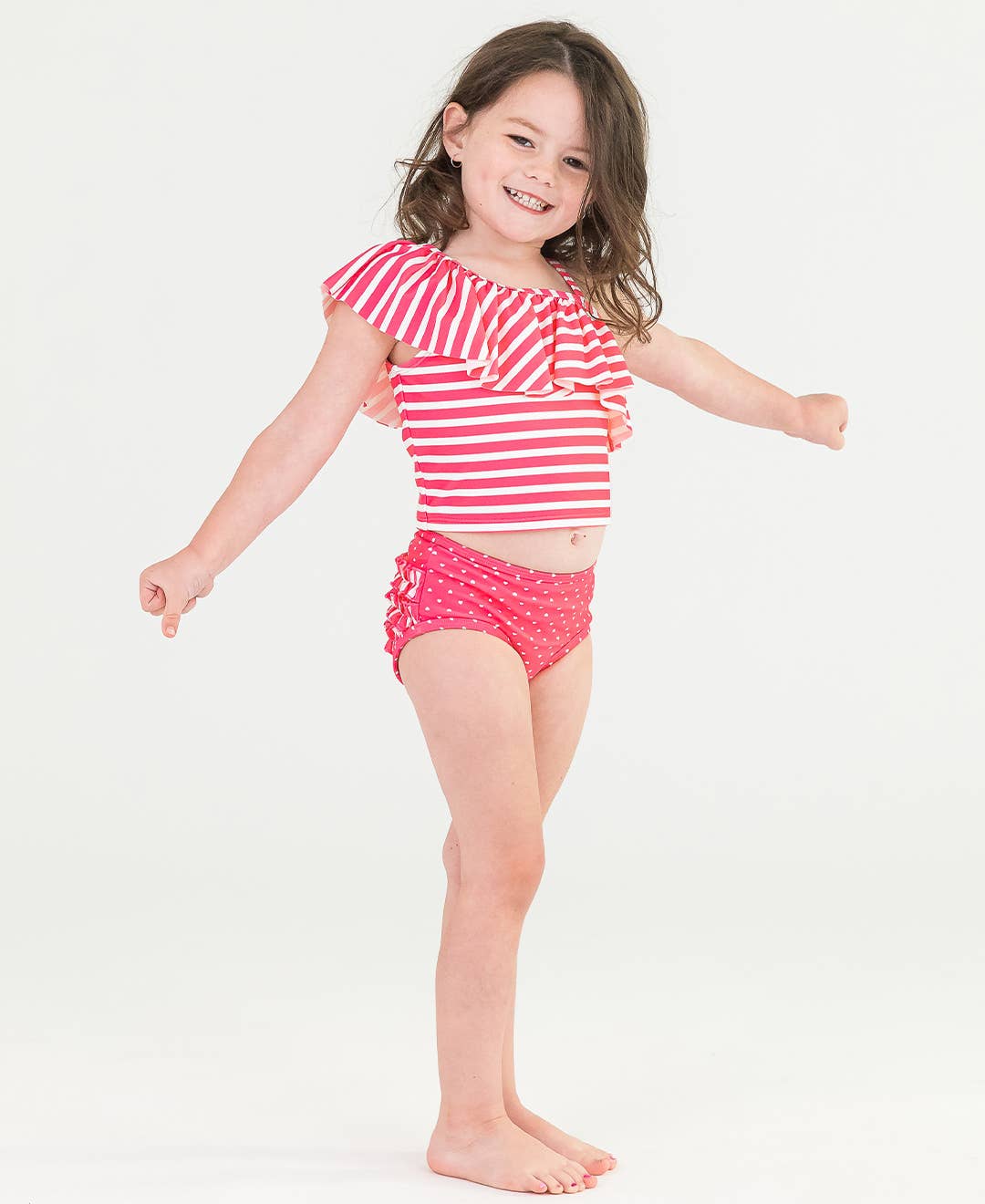 Girls Hot Pink Heart Polka Dot One Shoulder Ruffle Tankini