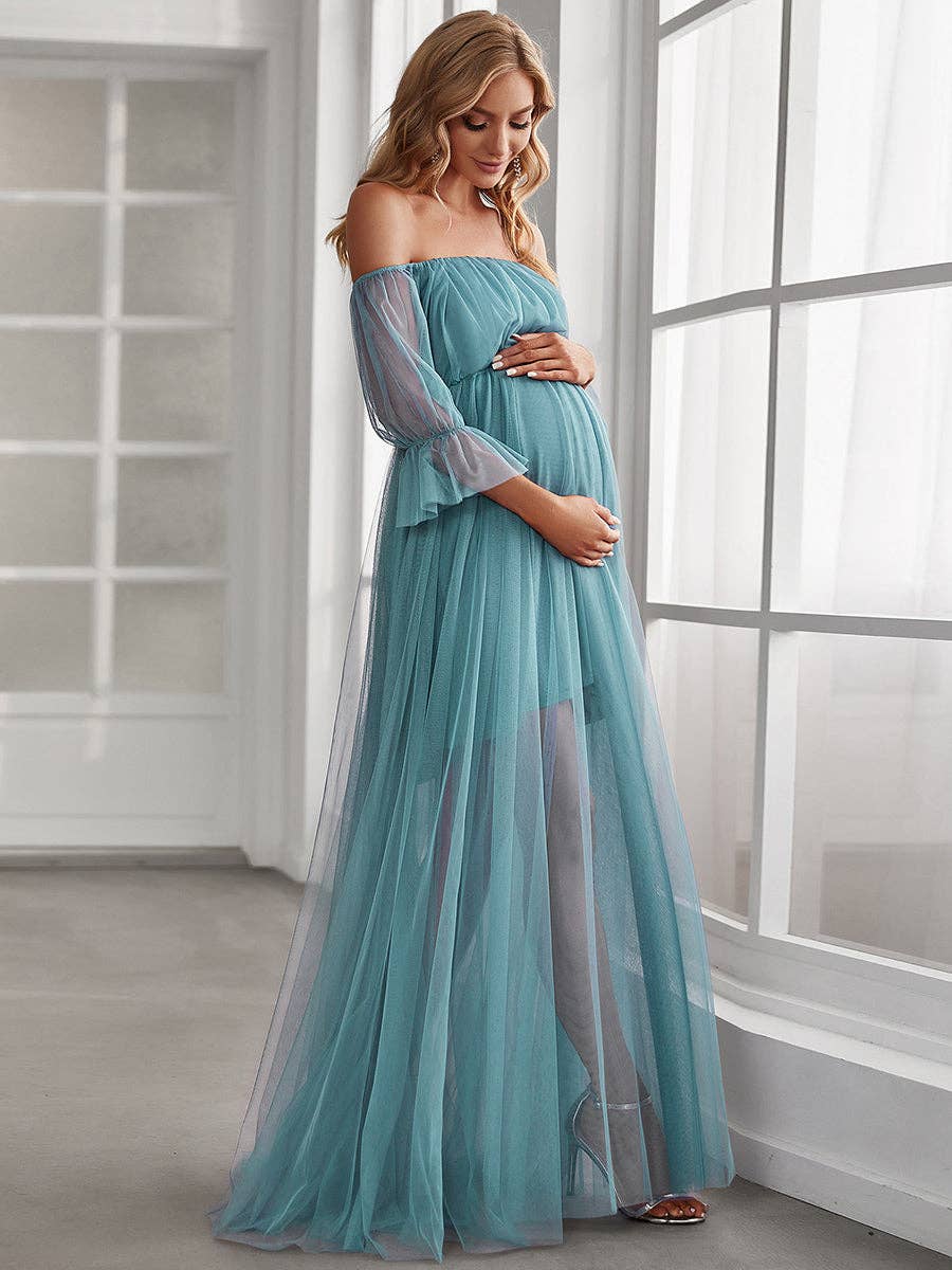 A Line Puff Sleeves Mesh Maternity Dress