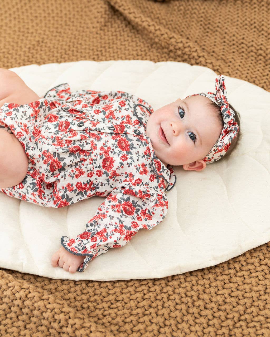 Rosabelle Rose Floral Baby Romper & Headband (Linen Blend)