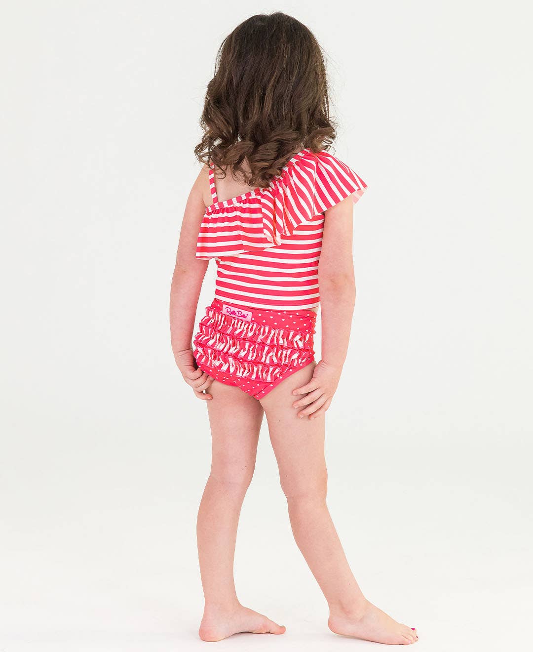 Girls Hot Pink Heart Polka Dot One Shoulder Ruffle Tankini