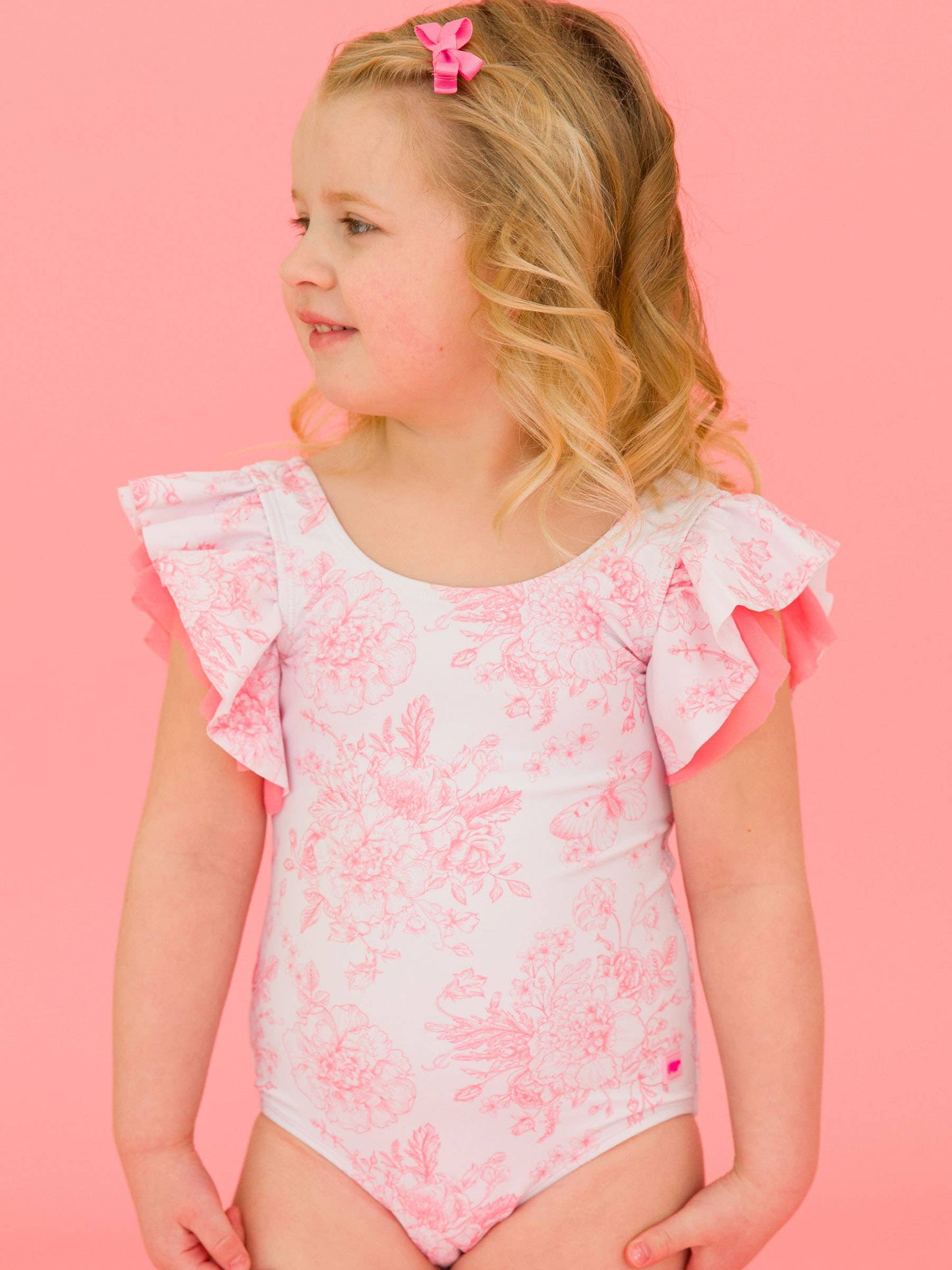Girls Bubblegum Pink Butterfly Garden Toile Butterfly Sleeve One Piece