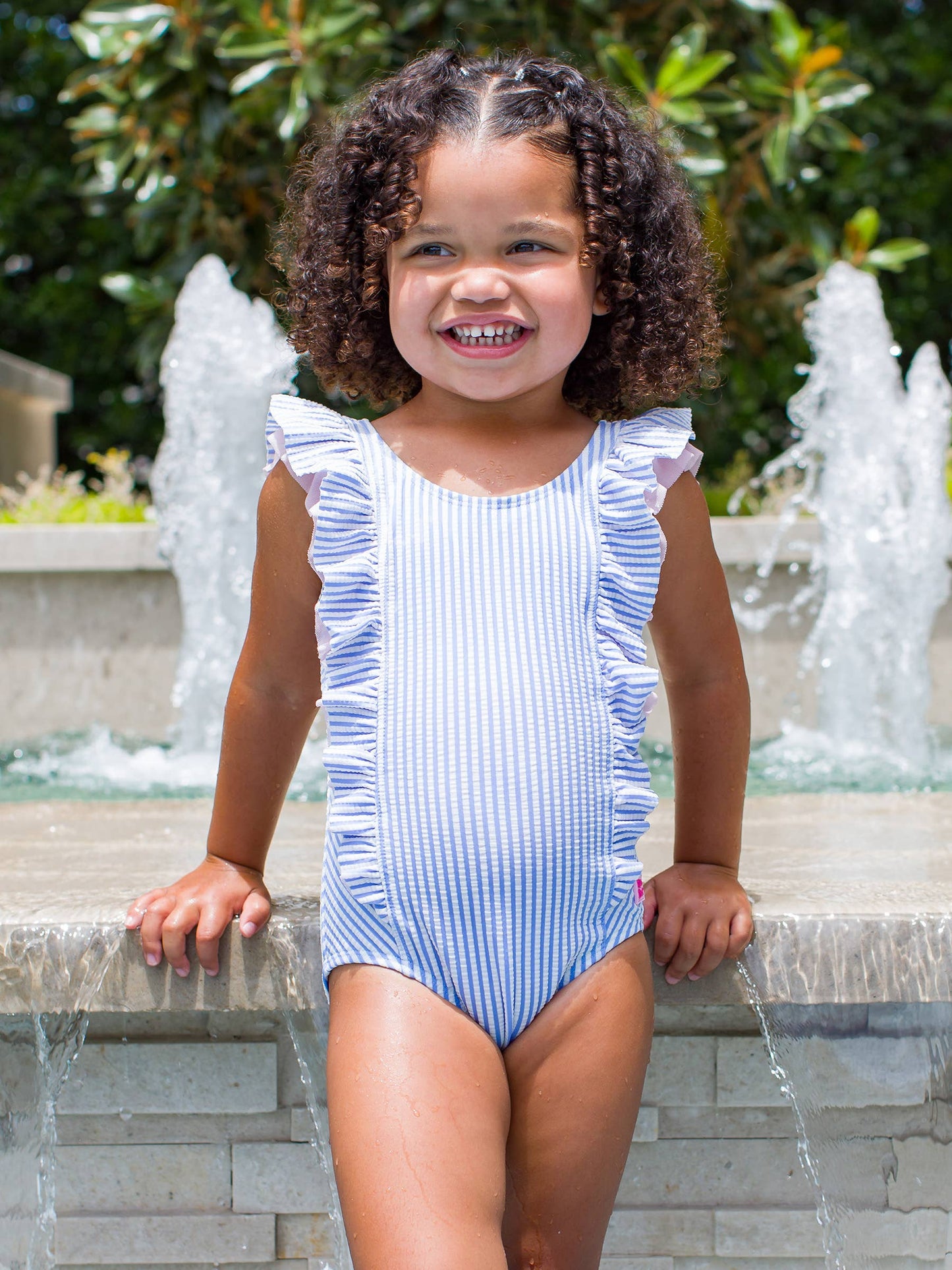 Girls Periwinkle Blue Seersucker Waterfall One Piece