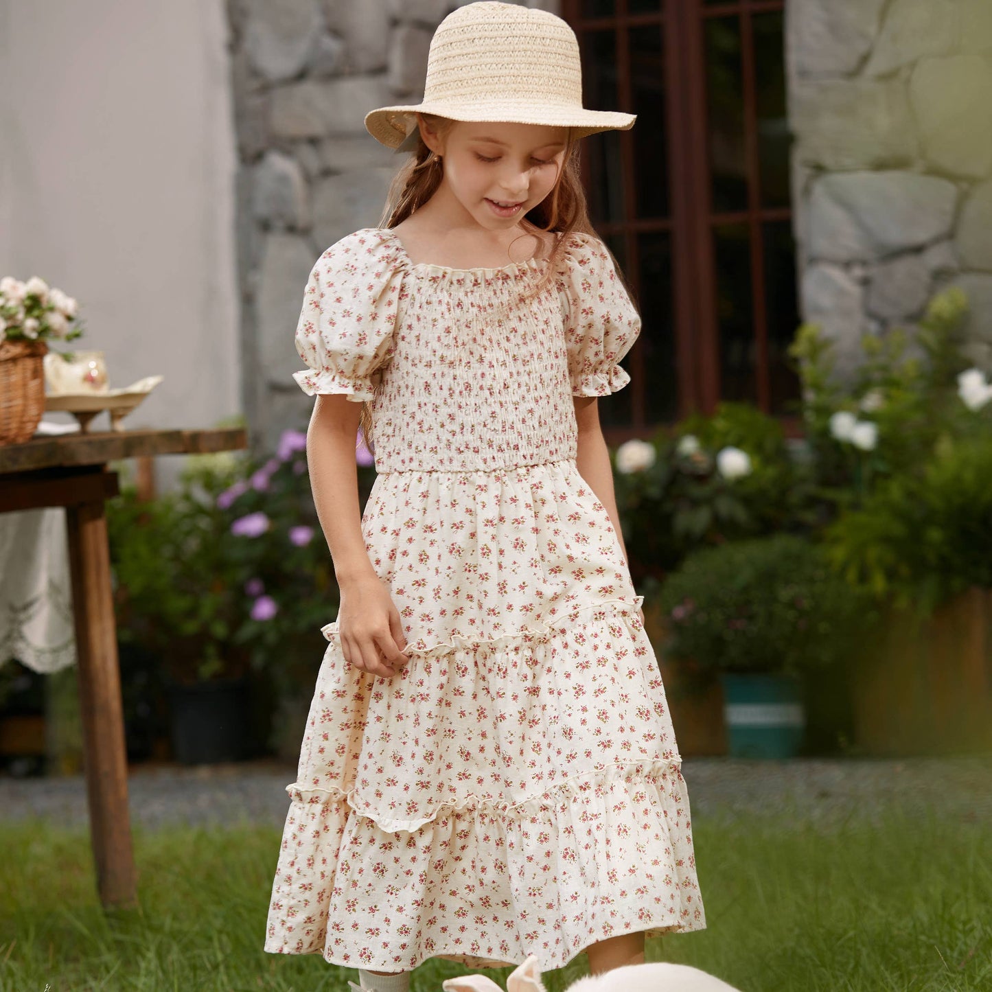 Mom & Me Ditsy Shirred Bodice Tiered Ruffle Trim Dress