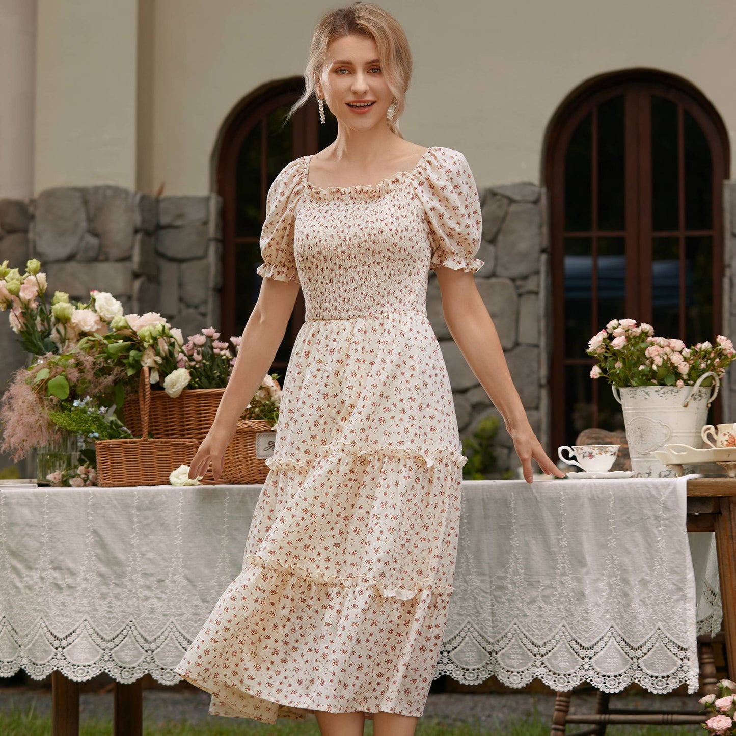 Mom & Me Ditsy Shirred Bodice Tiered Ruffle Trim Dress