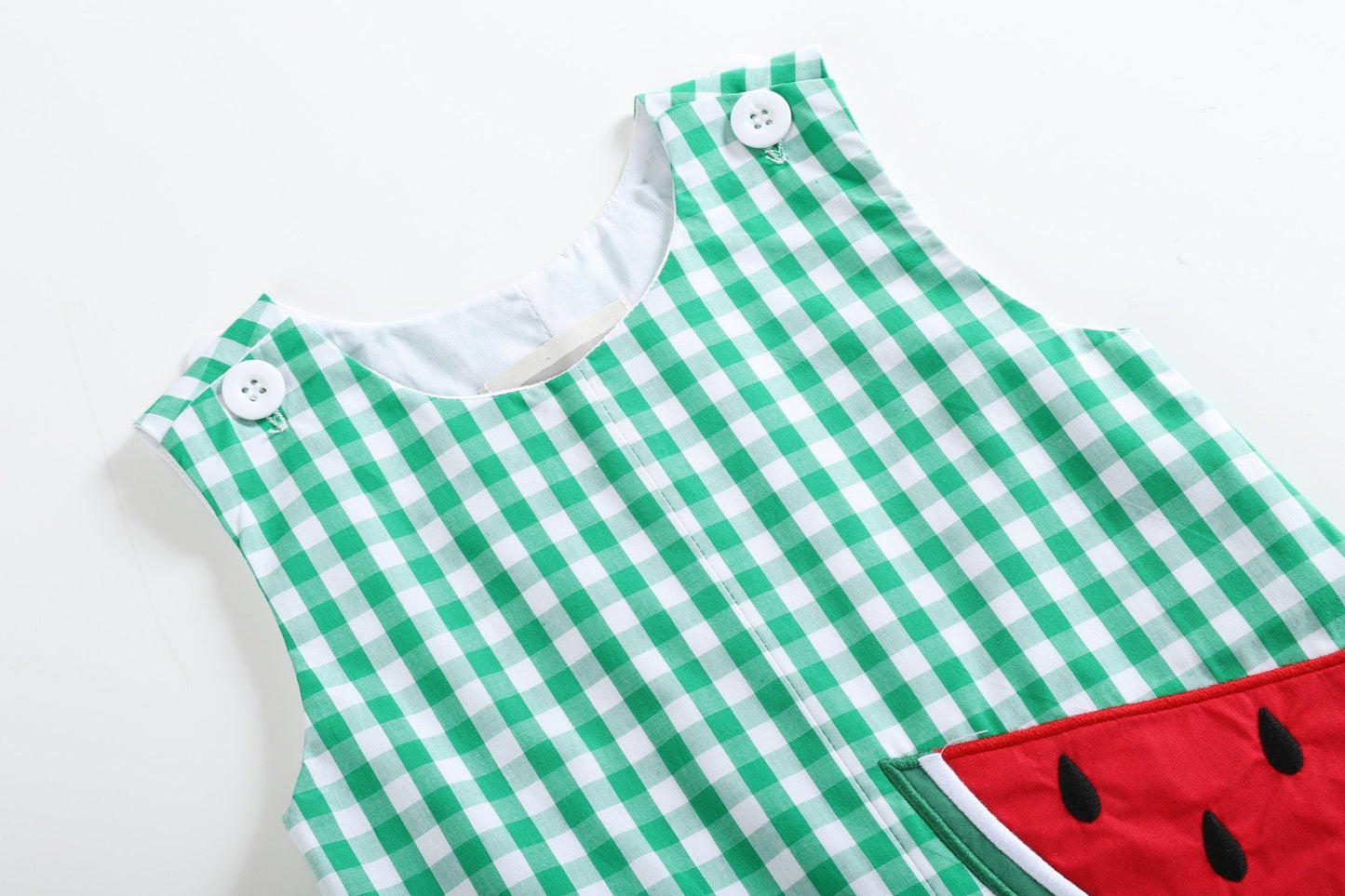 Green Gingham Watermelon Applique Overalls