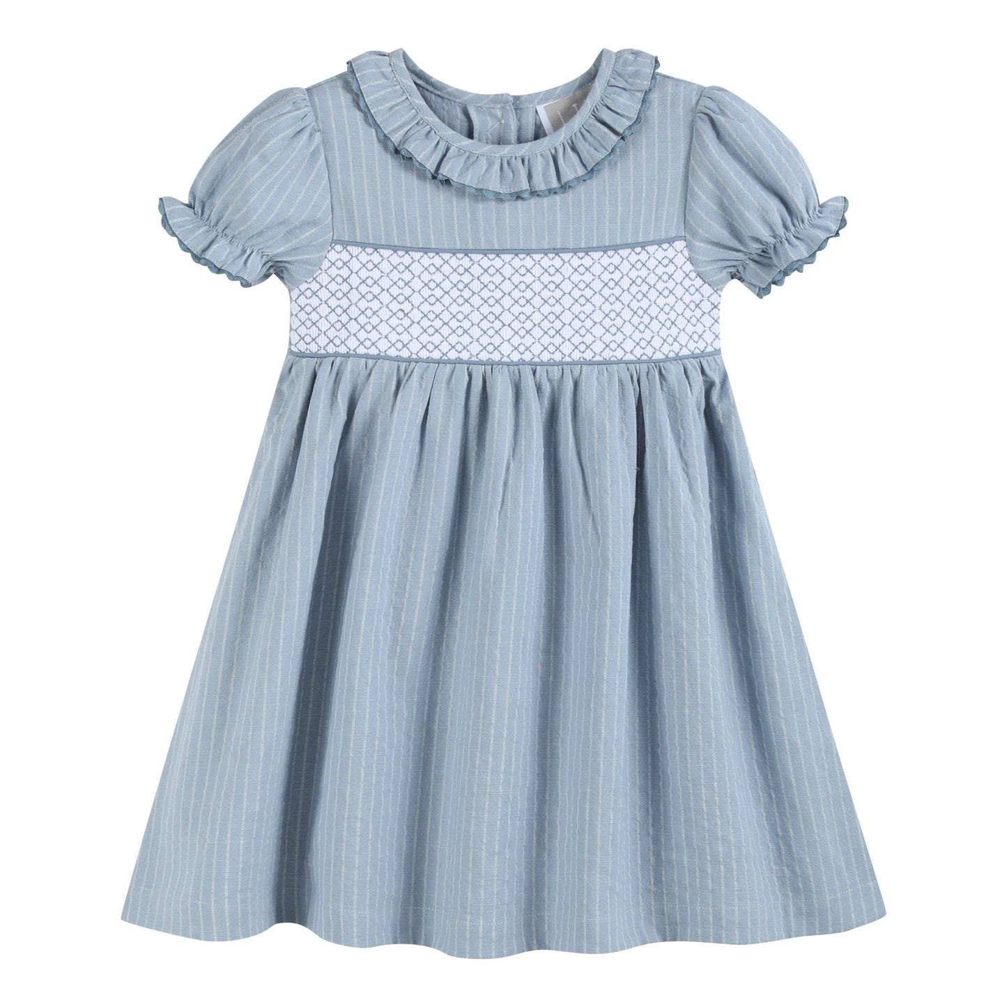Light Blue Pinstripe Smocked Ruffle Dress