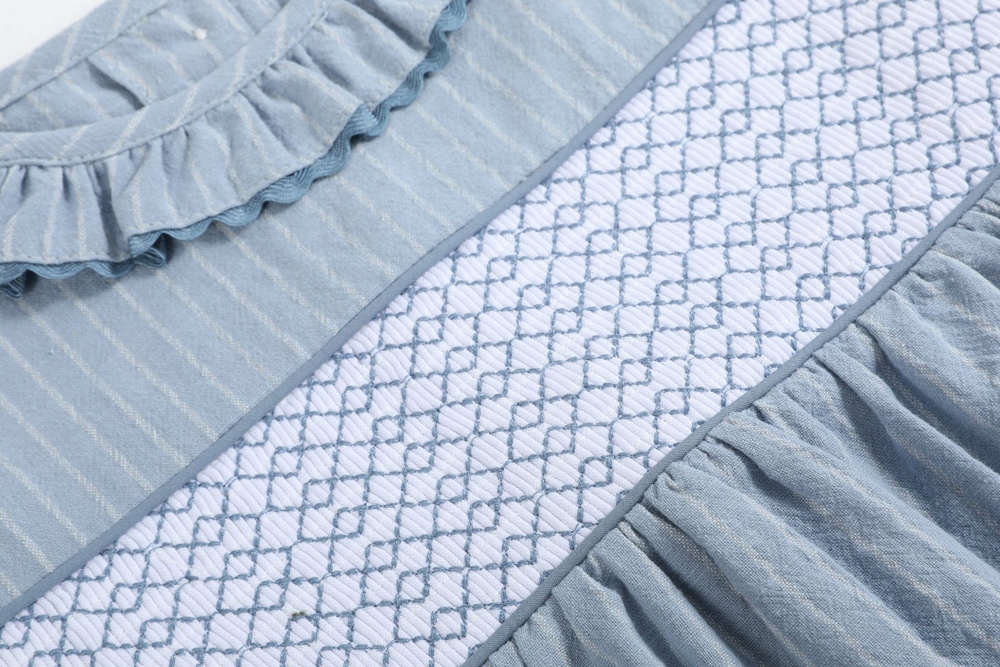 Light Blue Pinstripe Smocked Ruffle Dress