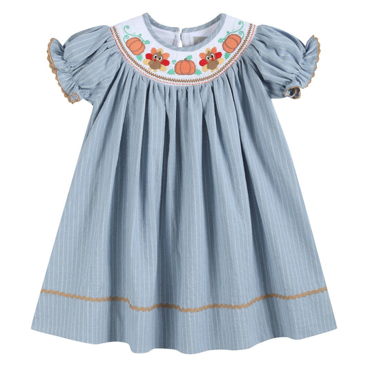 Light Blue Pinstripe Turkey Smocked Bishop Dress