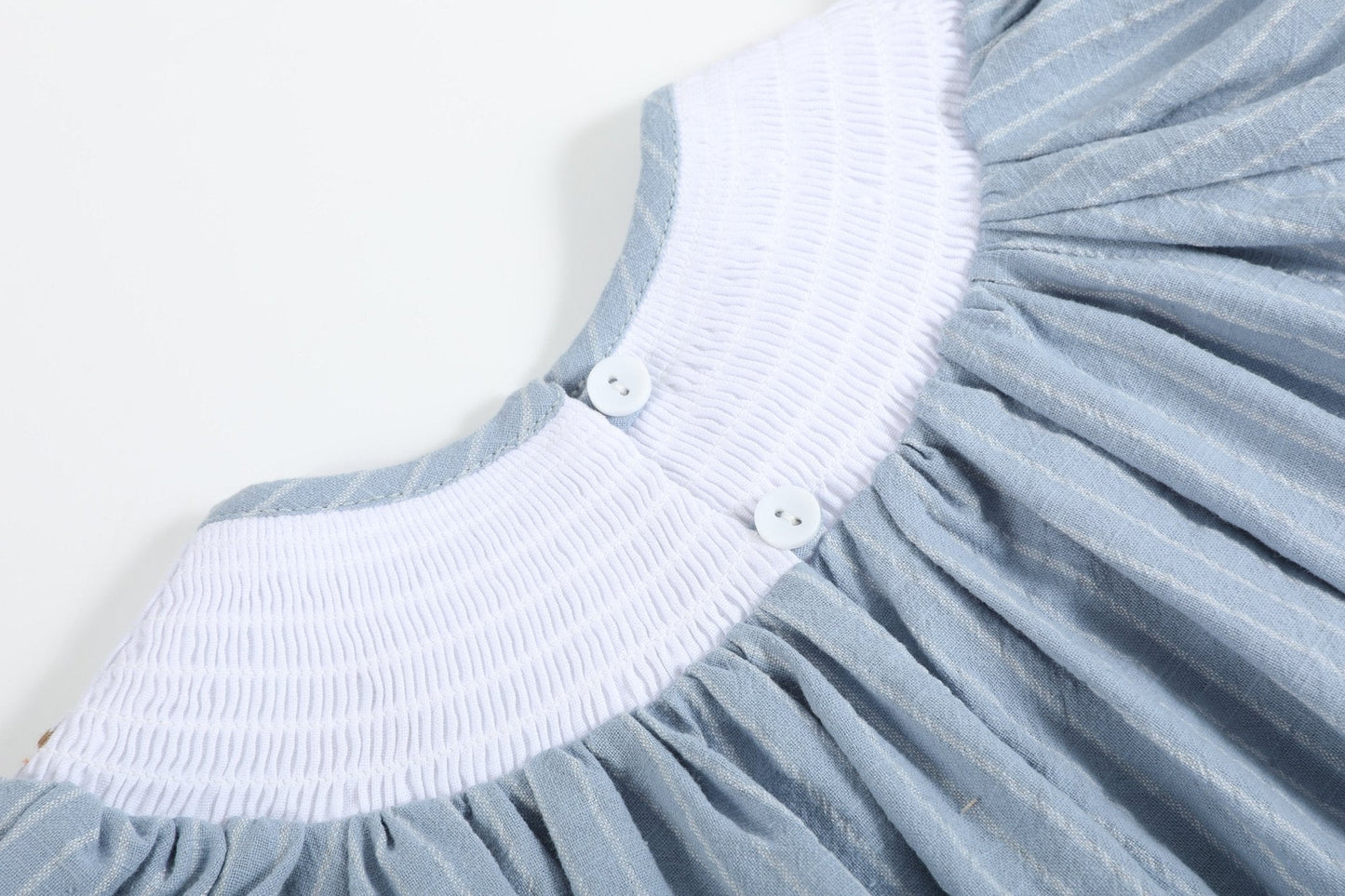 Light Blue Pinstripe Turkey Smocked Bishop Dress