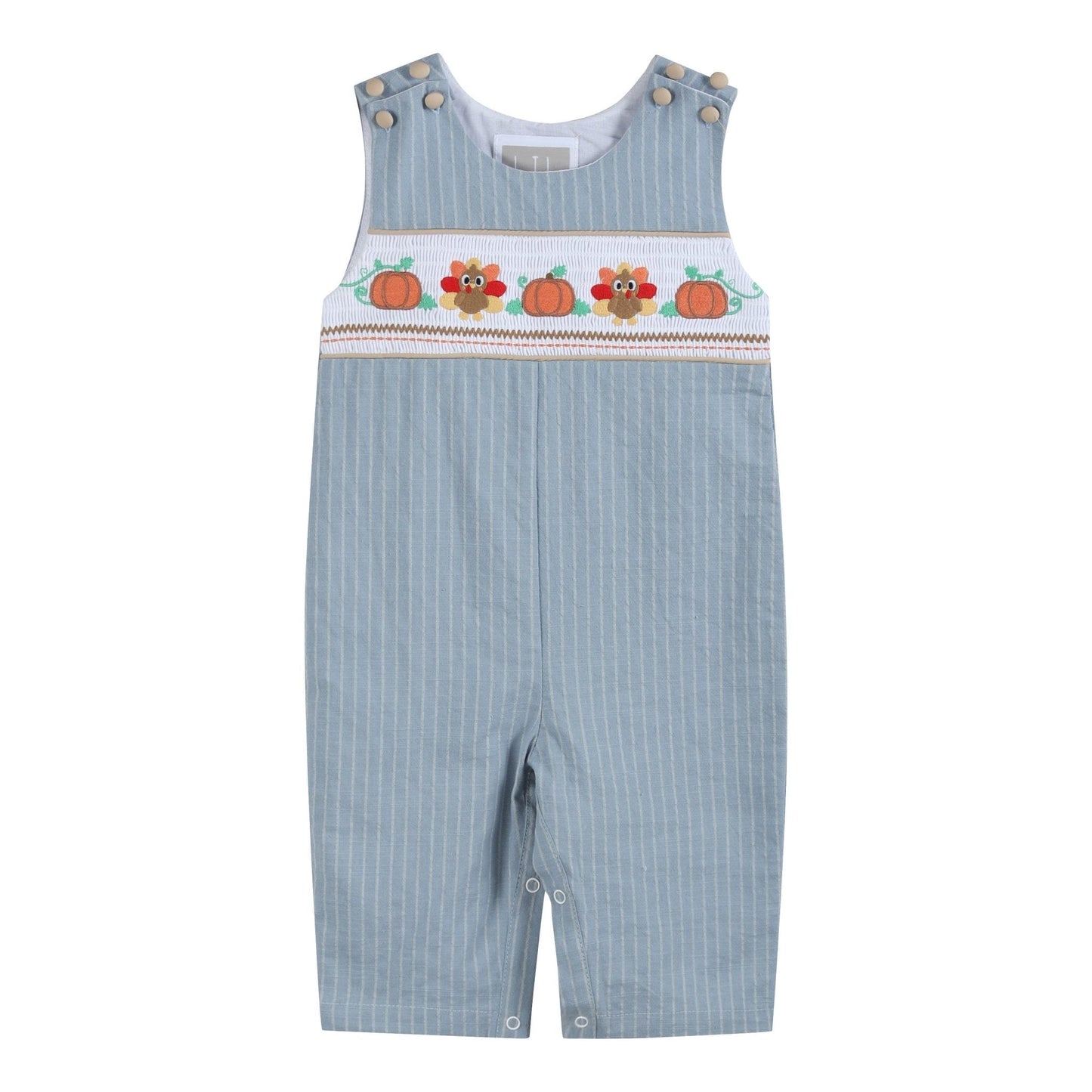 Light Blue Pinstripe Turkey Smocked Overalls
