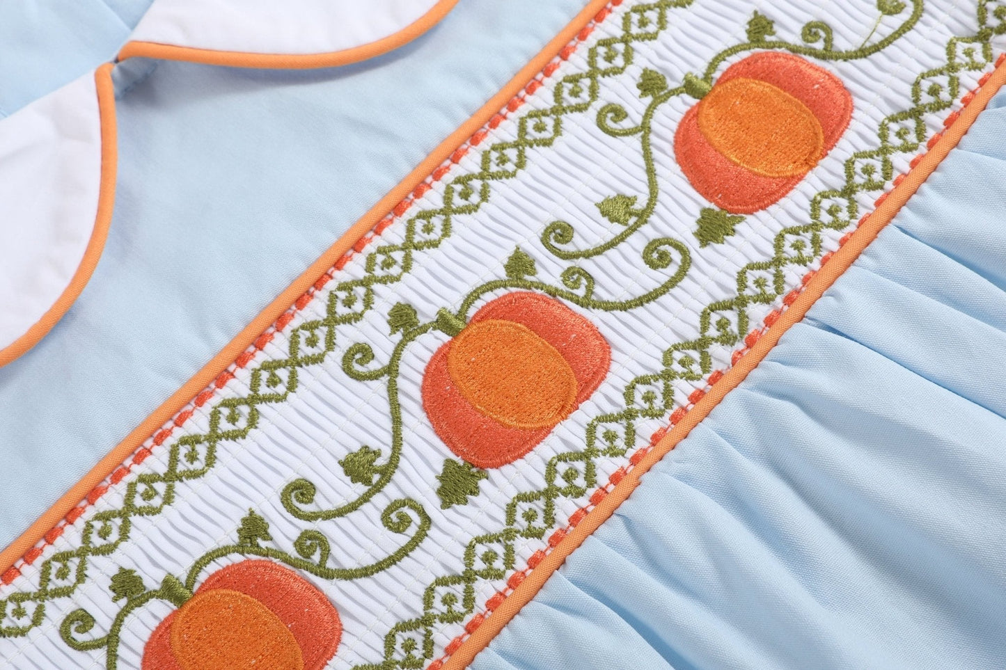 Light Blue Pumpkin Vine Smocked Collared Romper