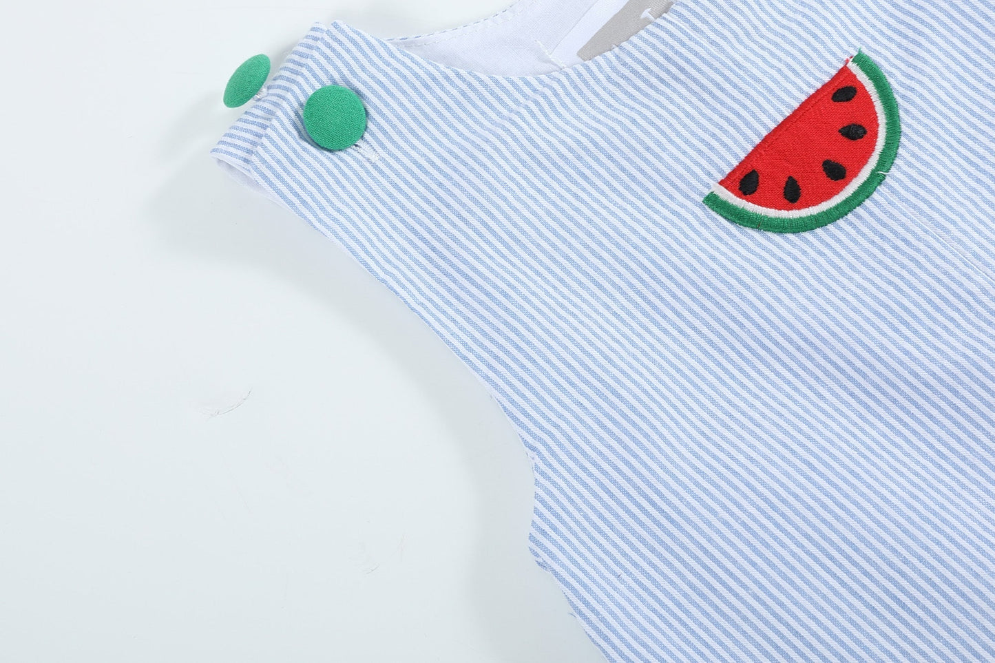Light Blue Seersucker Watermelon Shortalls