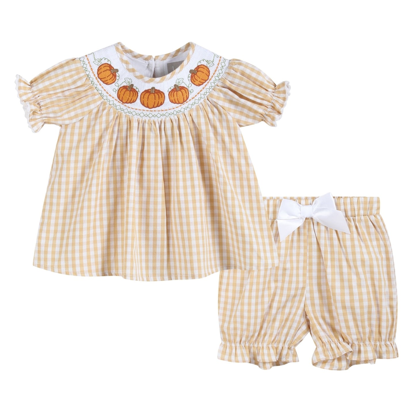 Light Brown Gingham Pumpkin Vine Dress and Bloomer Set