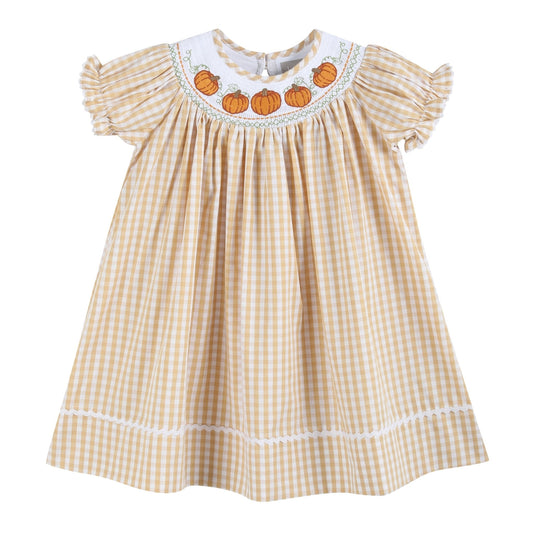 Light Brown Gingham Pumpkin Vine Smocked Bishop Dress