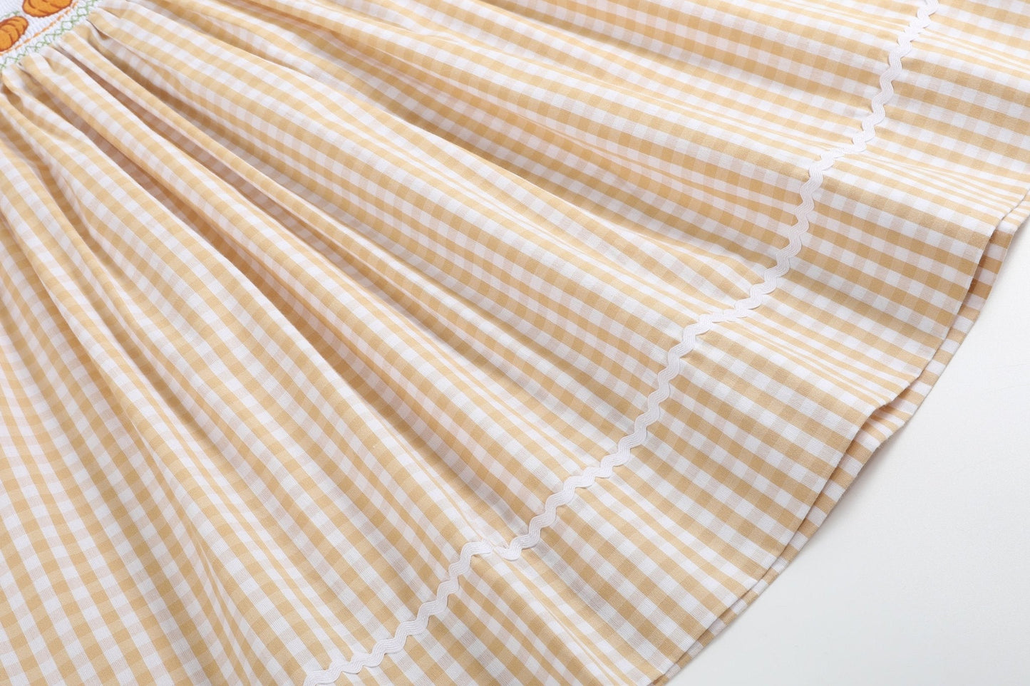 Light Brown Gingham Pumpkin Vine Smocked Bishop Dress