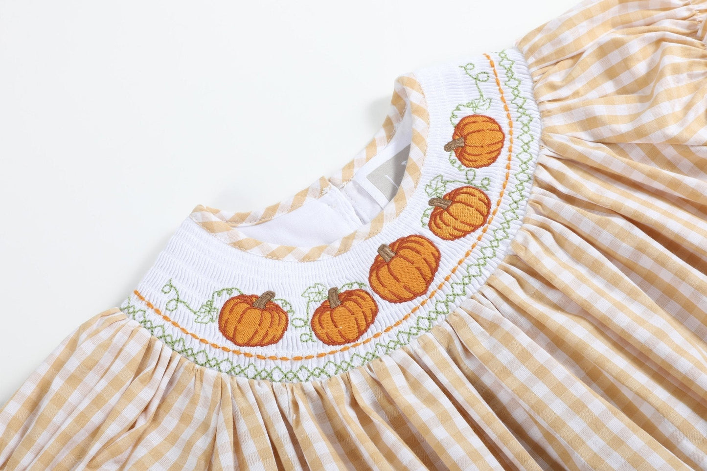 Light Brown Gingham Pumpkin Vine Smocked Bishop Dress