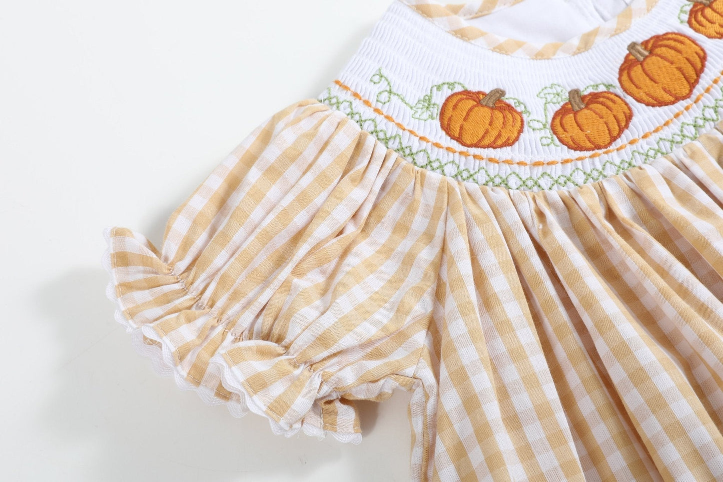 Light Brown Gingham Pumpkin Vine Smocked Bishop Dress