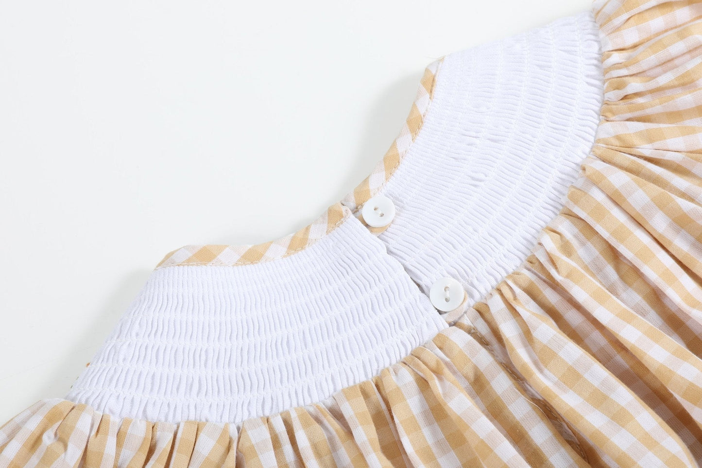 Light Brown Gingham Pumpkin Vine Smocked Bishop Dress