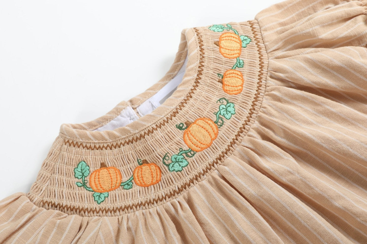 Light Brown Pinstripe Pumpkin Smocked Dress and Bloomer Set