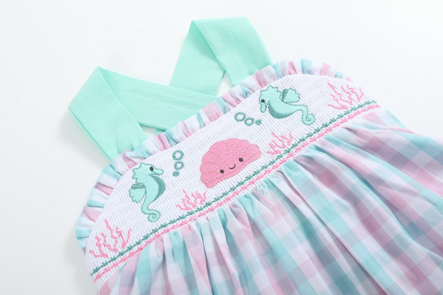 Pink and Aqua Seashell Smocked Sundress