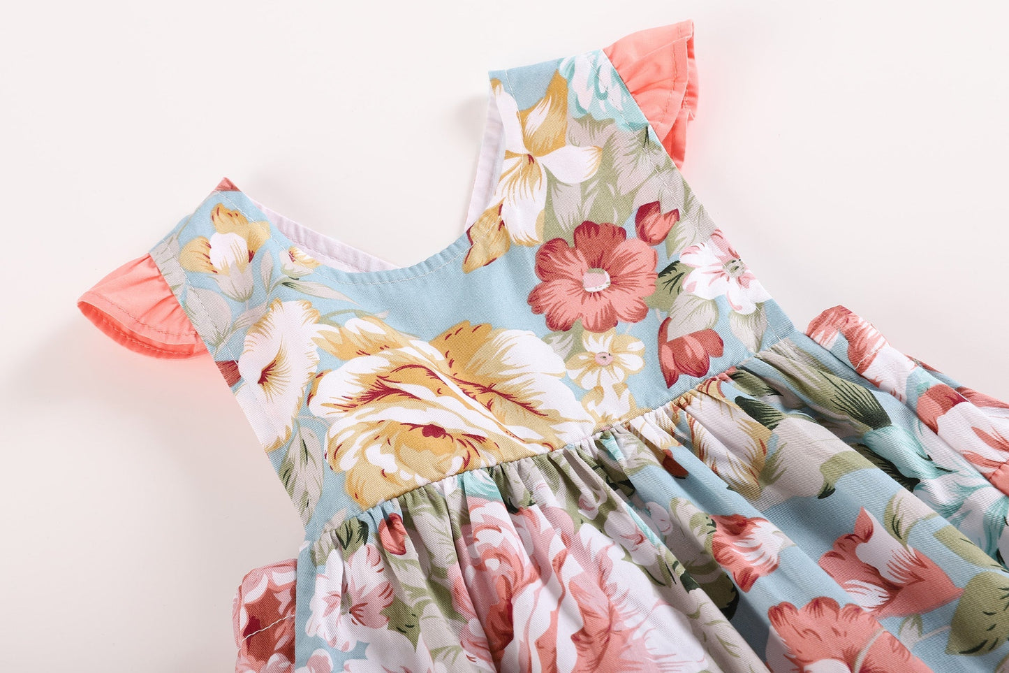 Pink and Blue Floral Print Ruffle Romper