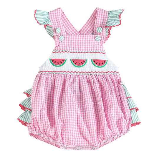 Pink and Green Watermelon Smocked Bubble Ruffle Romper