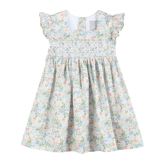 Pink Floral Print Smocked Flutter Dress