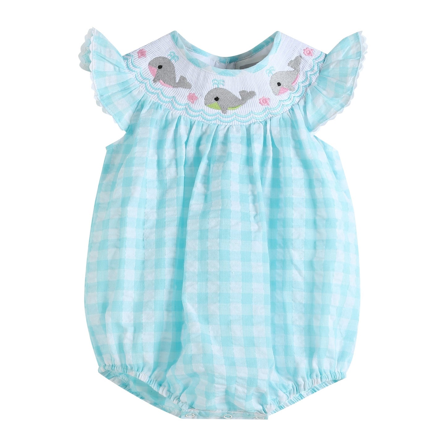 Turquoise Gingham Whale Smocked Flutter Bubble Romper