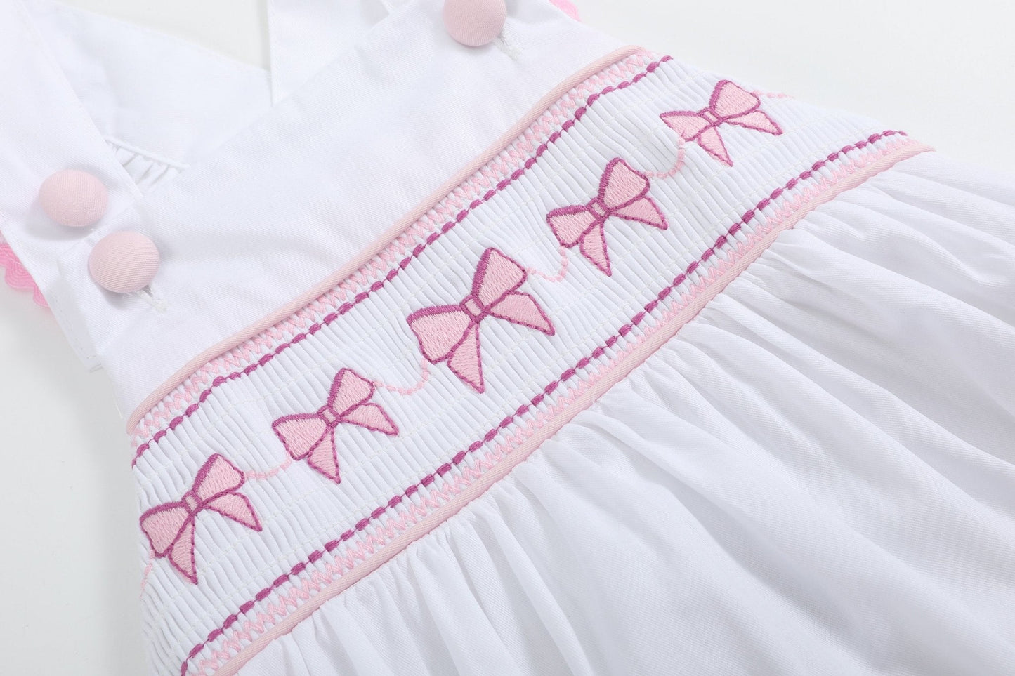White and Pink Bows Smocked Ruffle Romper