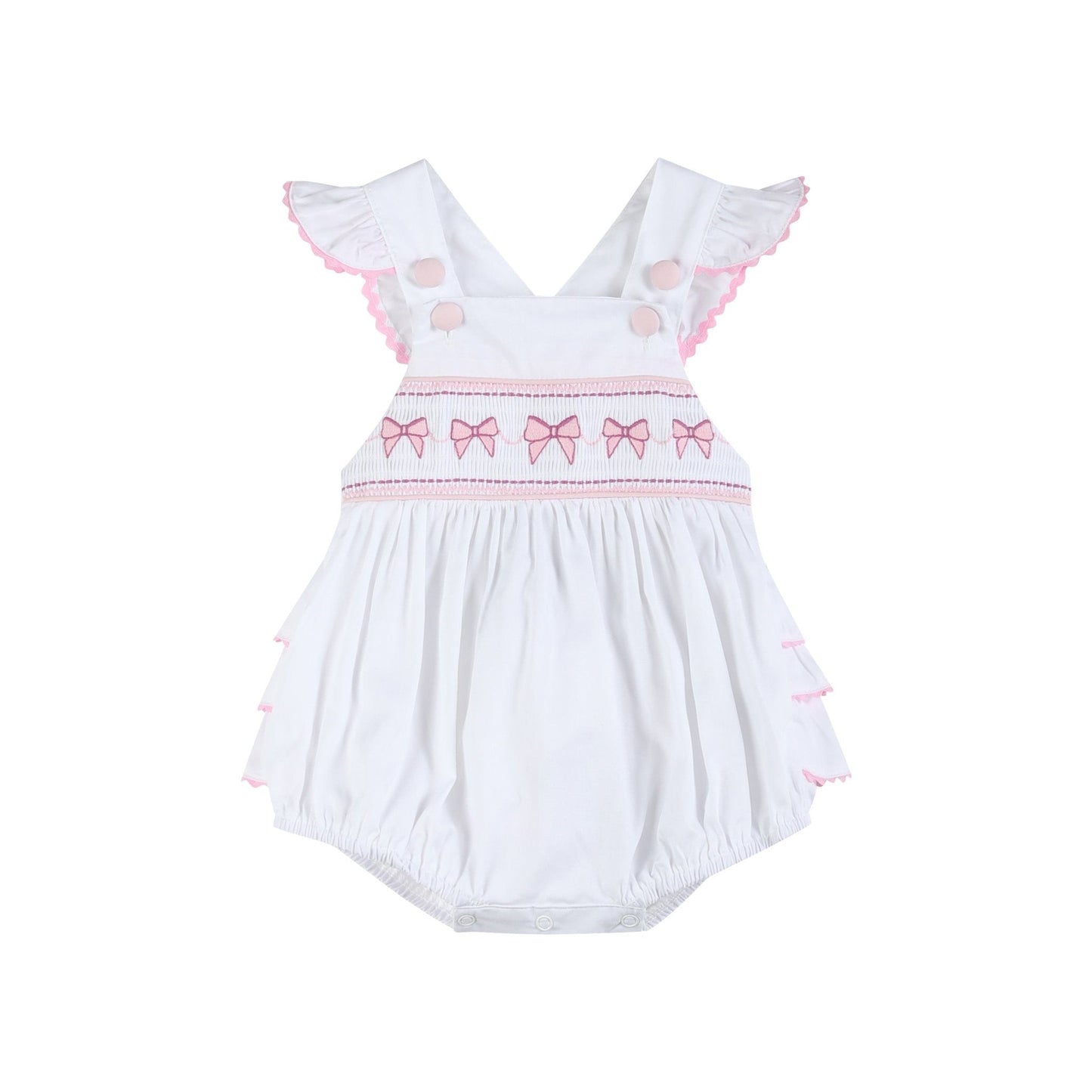 White and Pink Bows Smocked Ruffle Romper