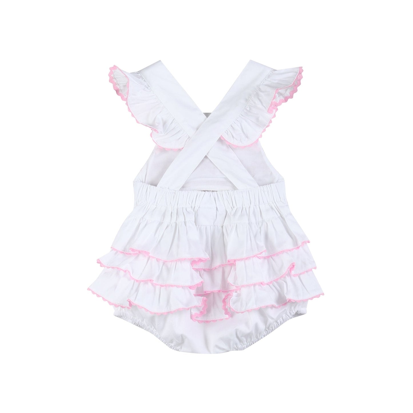 White and Pink Bows Smocked Ruffle Romper