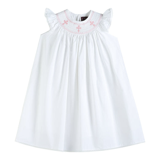 White and Pink Crosses Smocked Bishop Dress