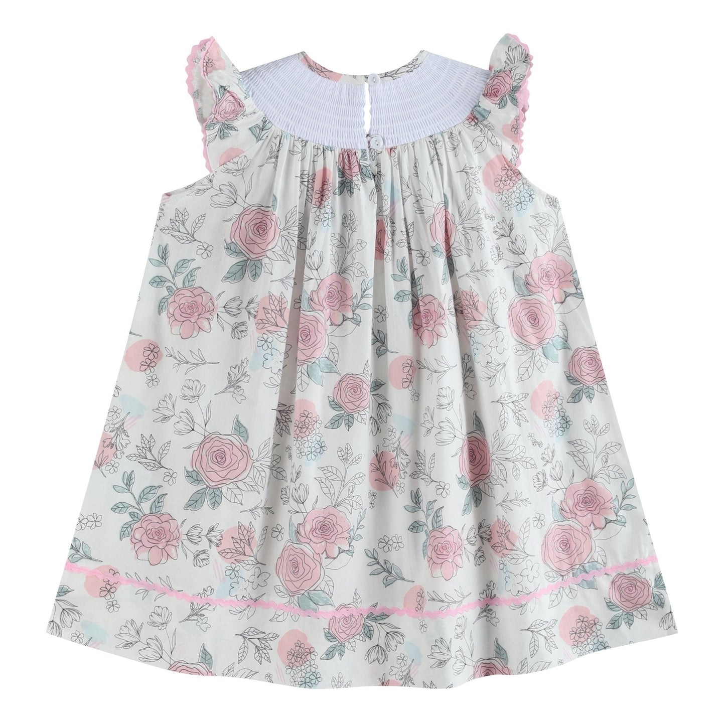 White and Pink Floral Smocked Bishop Dress
