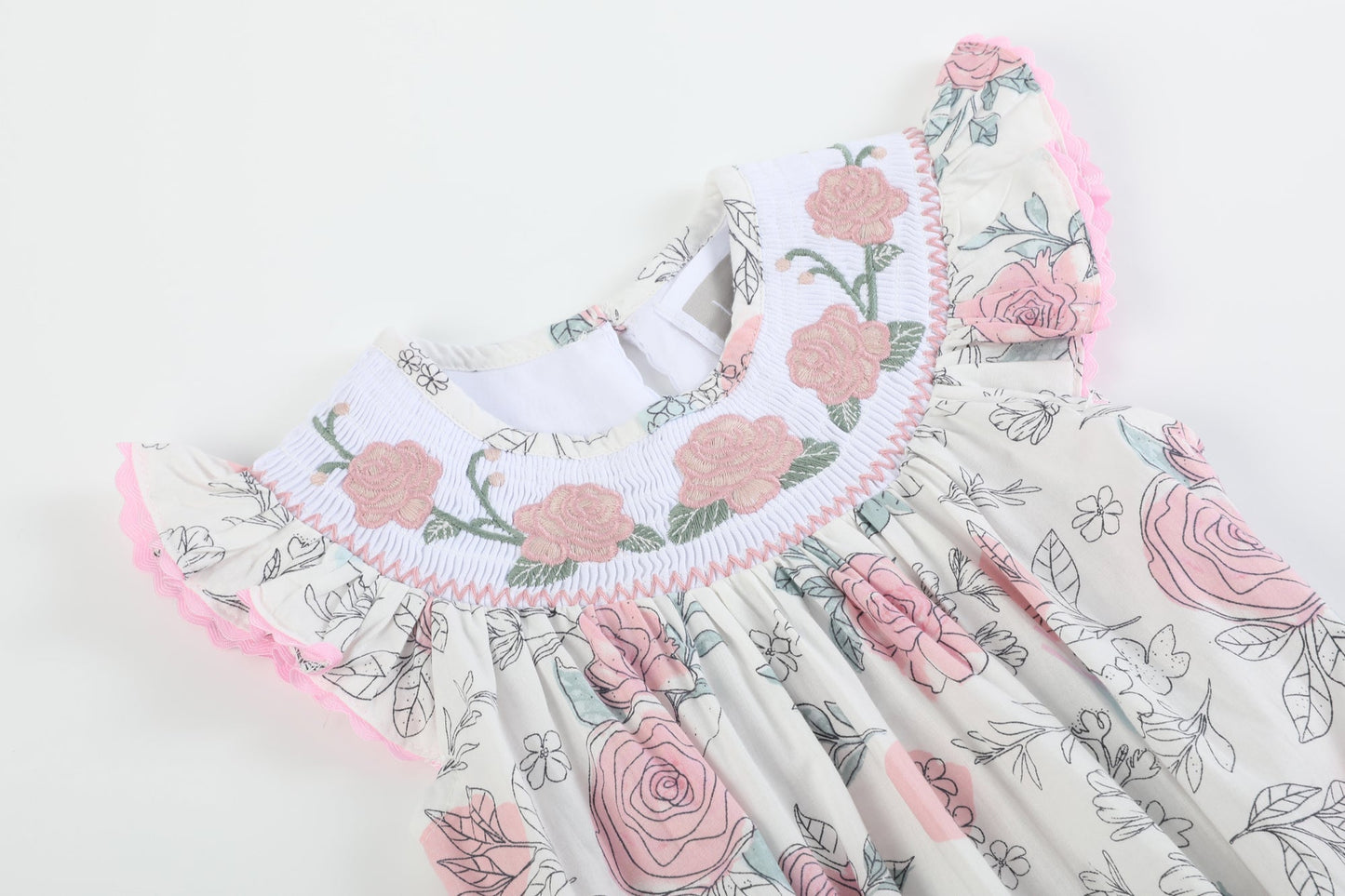 White and Pink Floral Smocked Flutter Romper